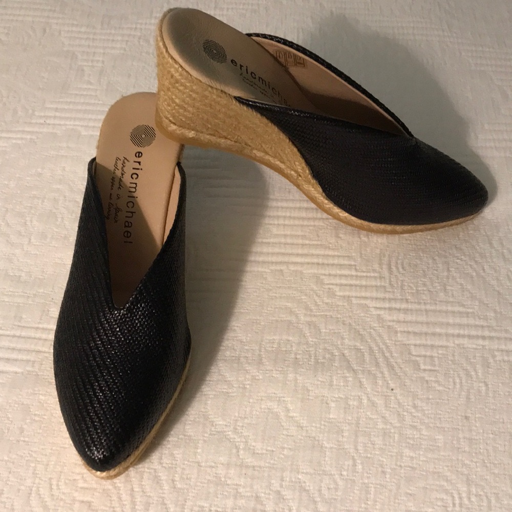 New Eric Michael Black Woven Leather Wedge Mules Espadrille Shoes 38 Euro 7.5 US